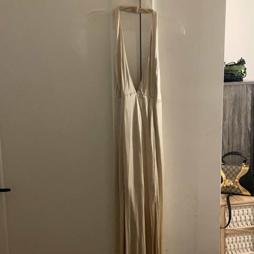 Beige Silk Halter Maxi Gown with Slits Forever21